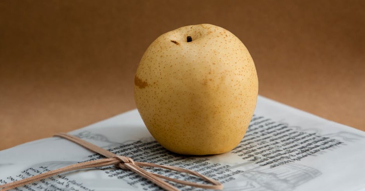 An Asian pear placed atop stacked papers, set against a neutral background.