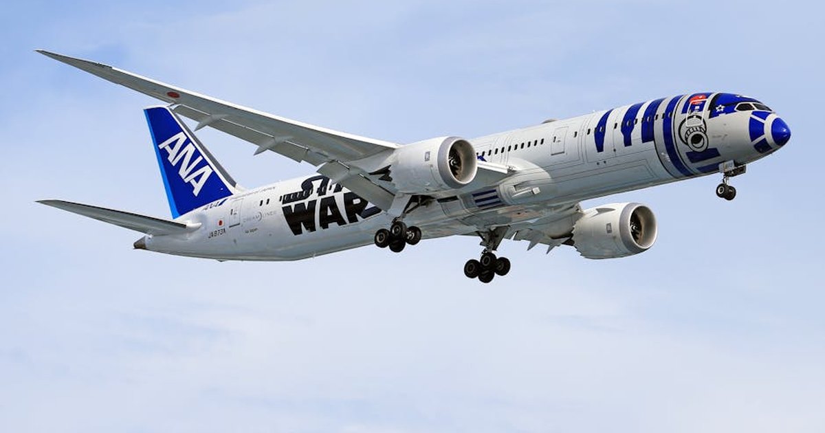 A Boeing 787 Dreamliner with Star Wars themed livery flying against a blue sky.