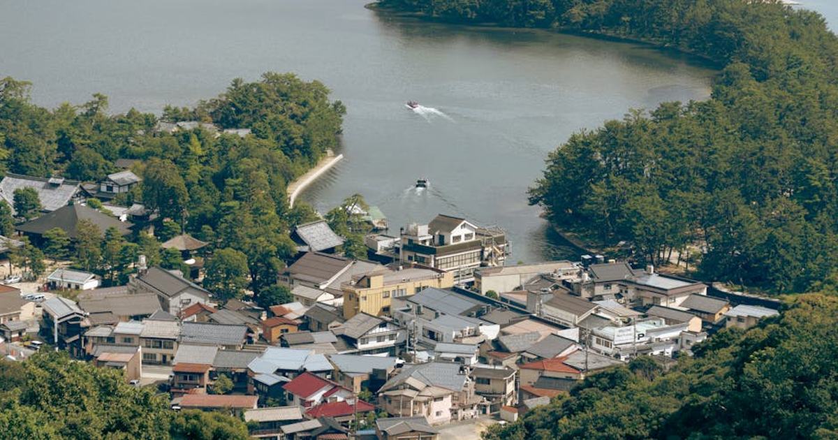Scenic aerial view of Miyazu town and bay surrounded by lush forests in Kyoto, Japan.