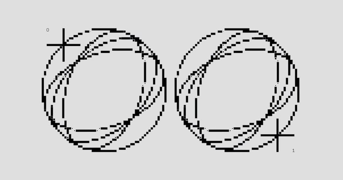 Intricate black and white pixel art featuring circular patterns with binary symbols, showcasing abstract shapes.
