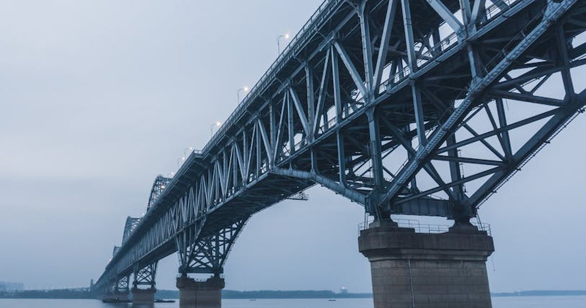 View of a large steel bridge spanning the Yangtze River in Jiujiang, China at dusk.
