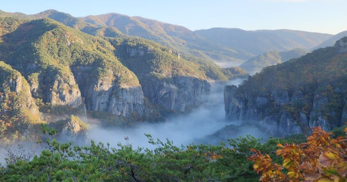 Explore the serene beauty of a misty valley nestled in towering mountains, capturing nature's peaceful essence.