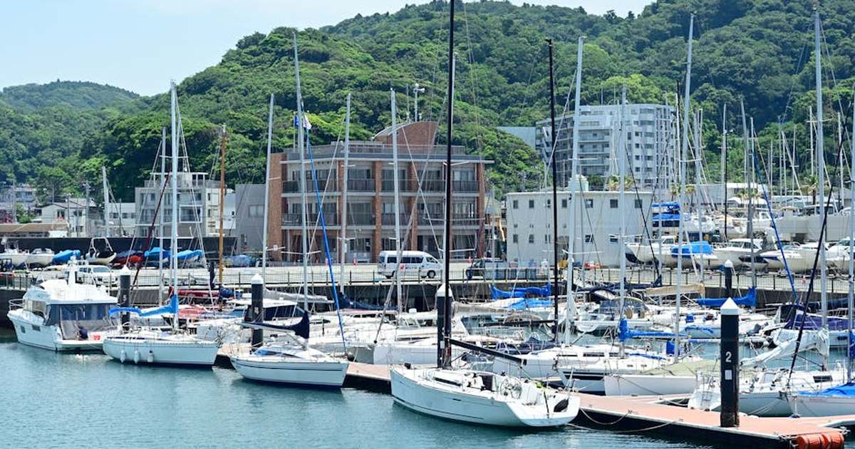 Beautiful marina in Japan featuring sailboats, buildings, and lush green hills on a sunny day.