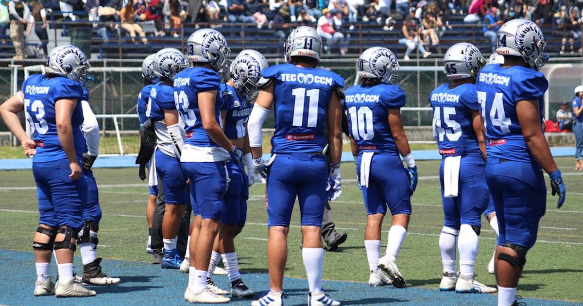 Team in blue uniforms huddled on a sunny day during an American football game