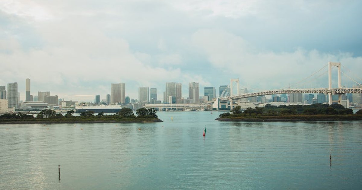 Modern city with bridge crossing wide river and skyscrapers under blue cloudy sky