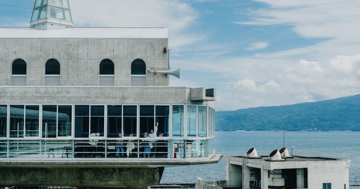 A modern observation deck overlooking the sea in West Izu, Shizuoka Prefecture, Japan, with a scenic ocean view.