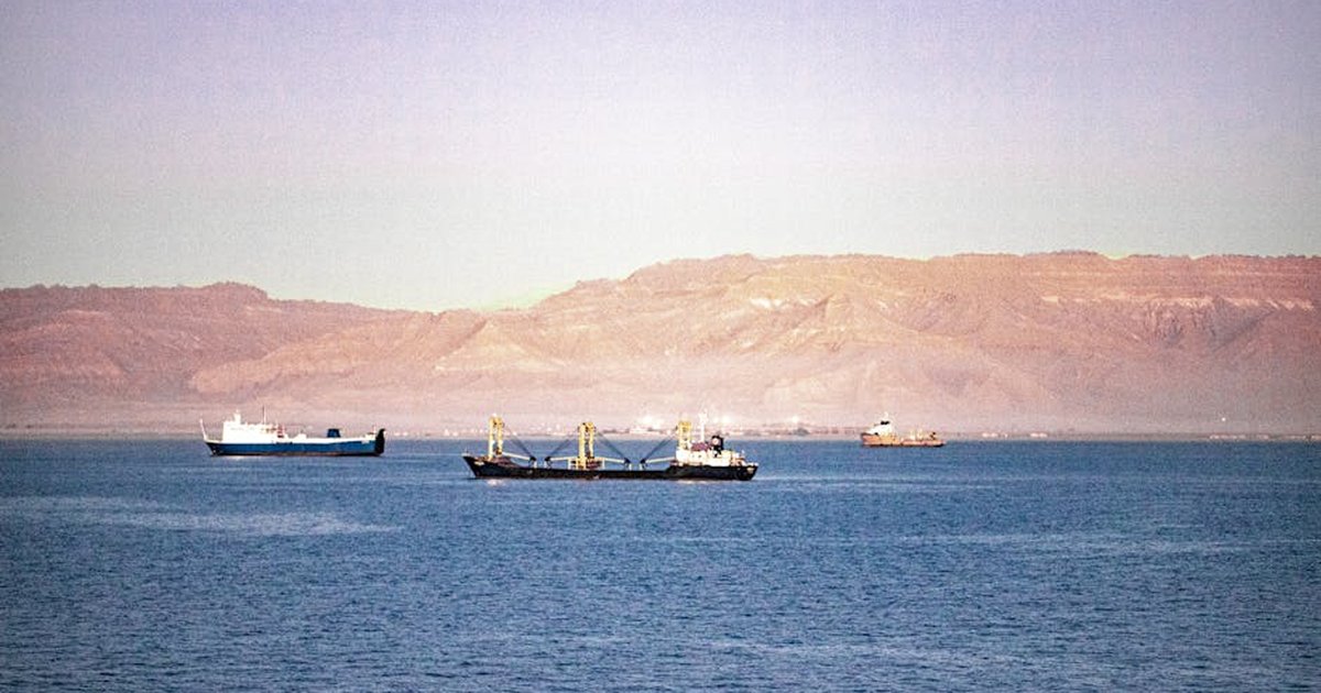 Serene view of cargo ships navigating the Suez Canal with mountains in the background.