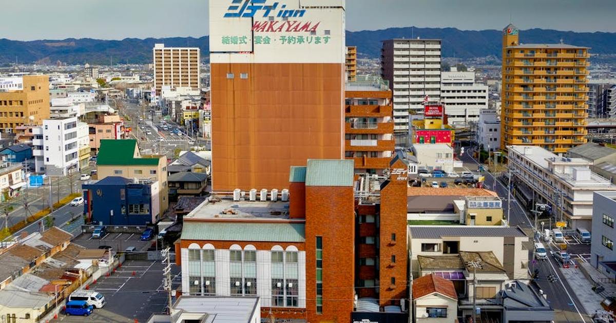 Aerial view of urban Wakayama cityscape with colorful buildings and distant hills.