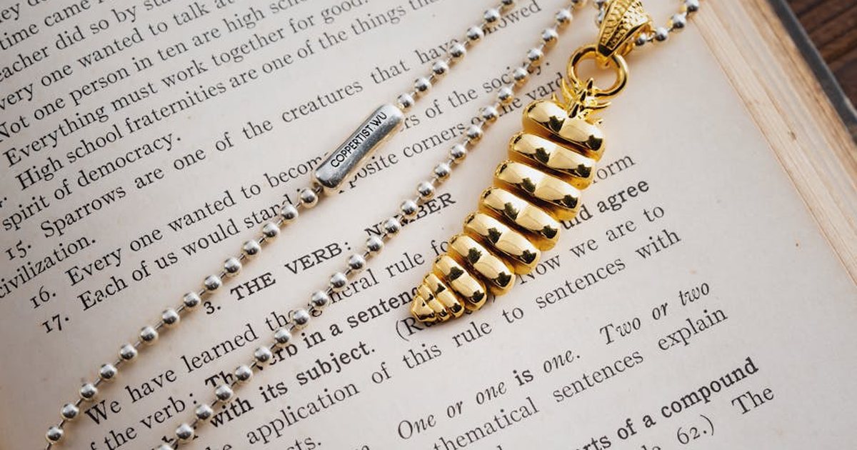 A golden dragon-themed necklace elegantly placed on an open book page, showcasing a stylish fusion of luxury and education.