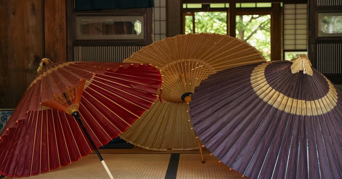 Elegant traditional Japanese parasols displayed in a serene tatami room setting.