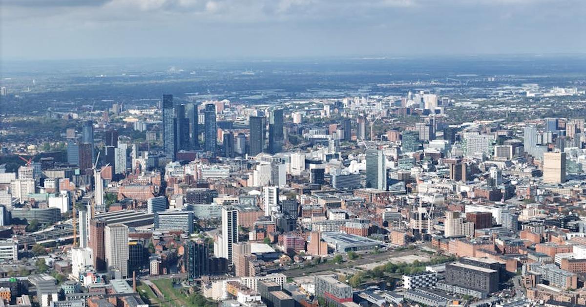 Stunning aerial photograph of Manchester's urban skyline showcasing modern architecture under scattered clouds.