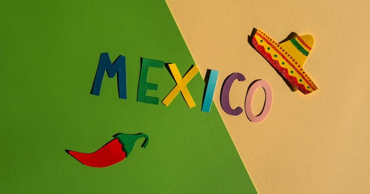 Colorful Mexican theme with a sombrero, pepper, and text on a vibrant background.