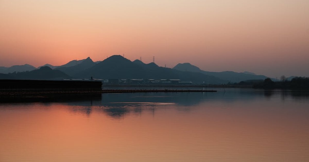 Tranquil landscape of a lake reflecting mountains at sunset, creating a serene atmosphere.