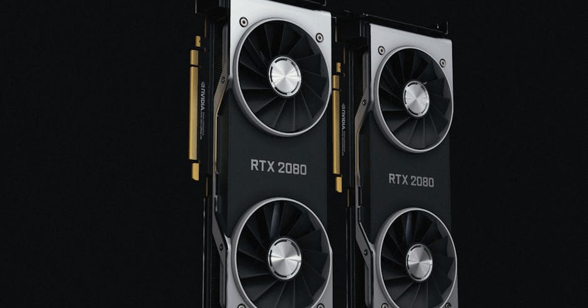 Close-up of two NVIDIA RTX 2080 graphics cards with dual fans, high-performance hardware.
