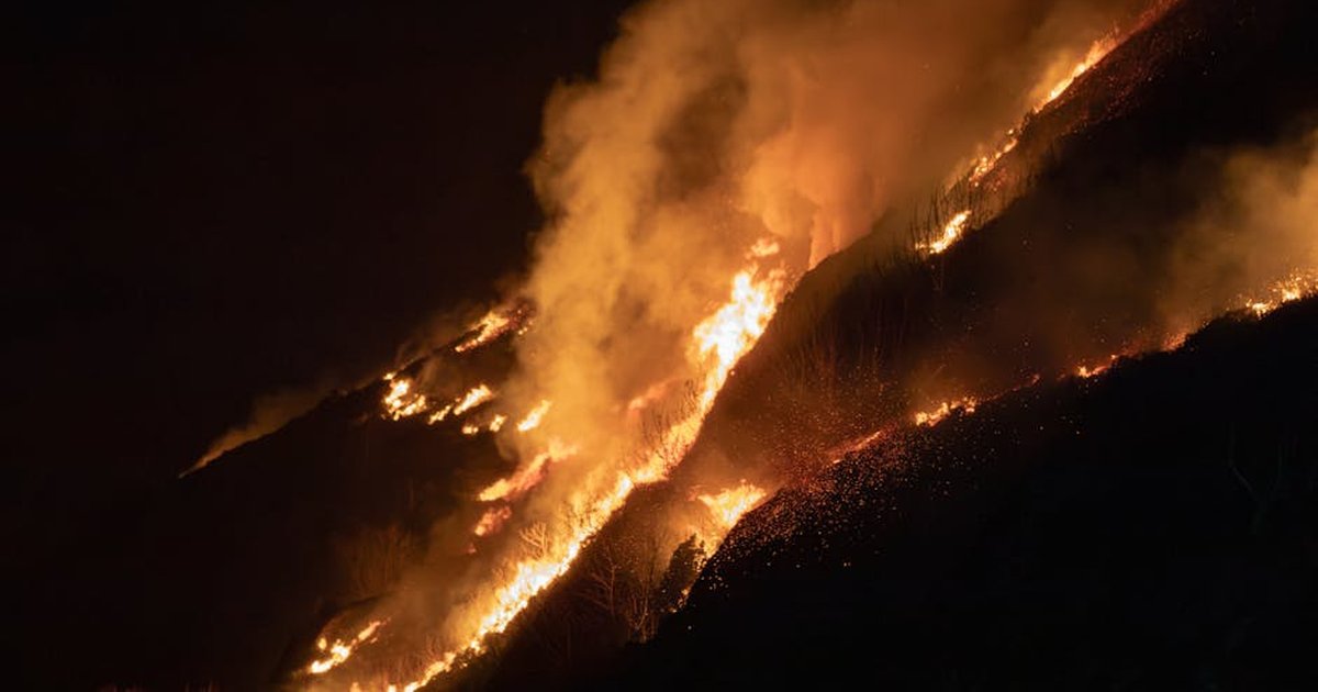 Intense blaze sweeping through a steep mountain forest at night, highlighting wildfire impact.