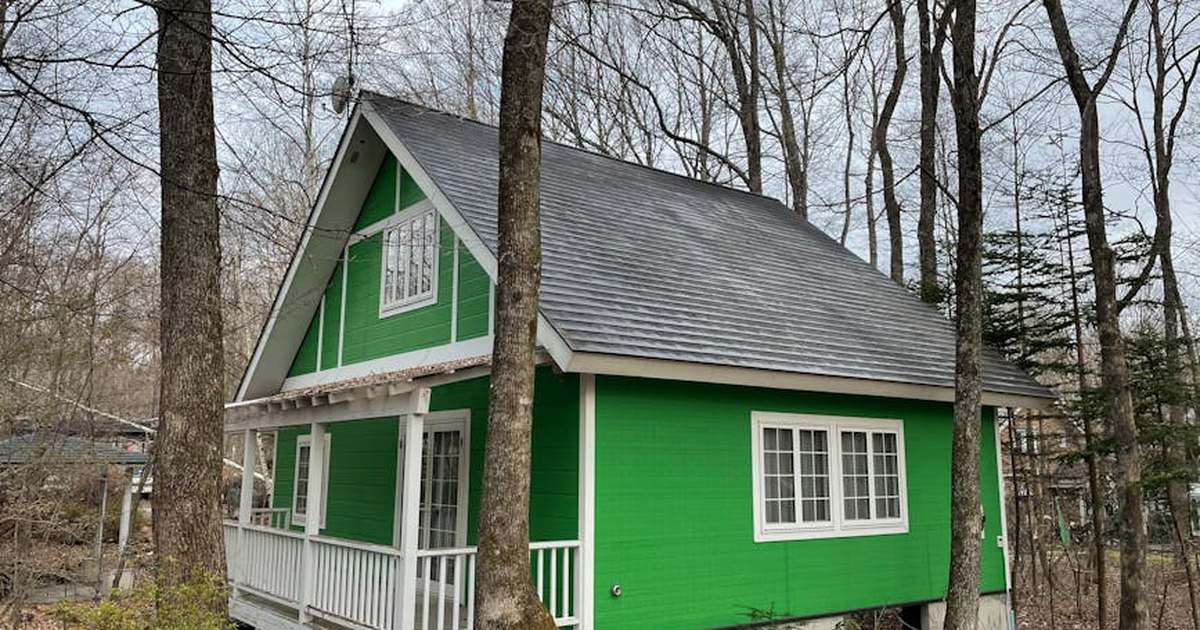 Peaceful green cabin surrounded by bare trees in a serene forest atmosphere.