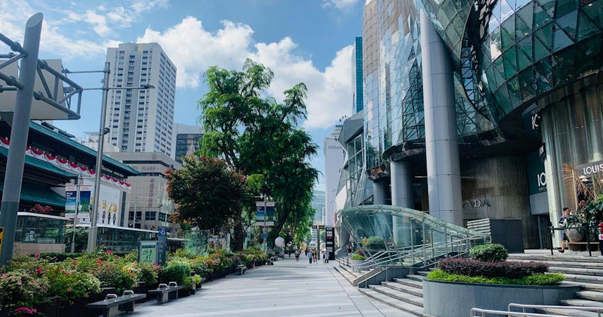 A vibrant street in Singapore featuring modern skyscrapers, lush greenery, and clear blue skies.