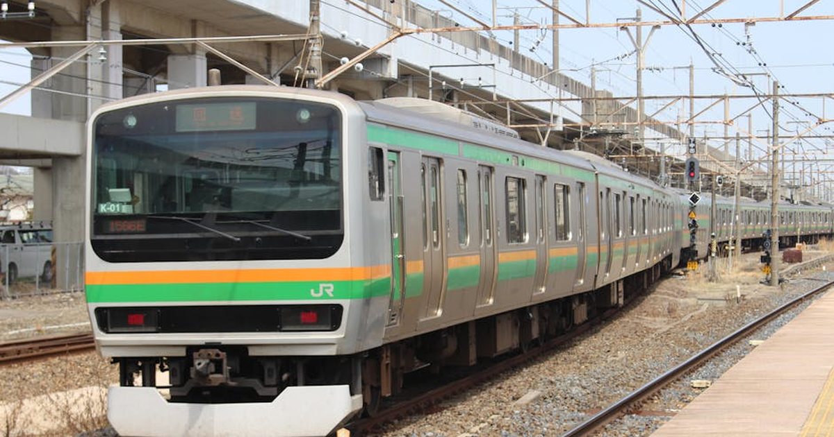 A JR train arriving at a railway station in Tochigi Prefecture, Japan.