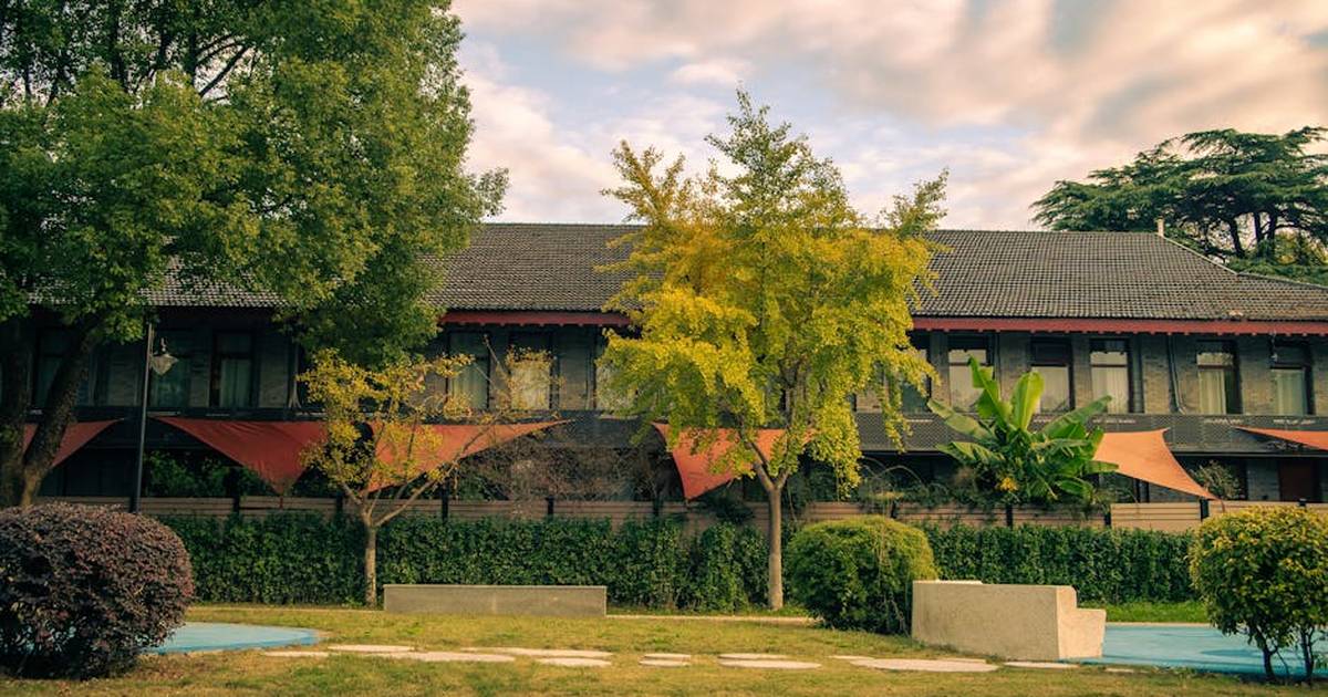 Beautiful garden scene in front of a classic building in Nanjing, Jiangsu Province, China.