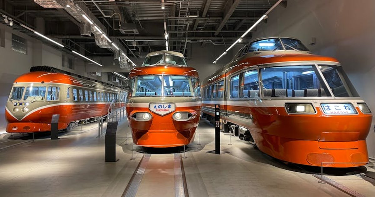 Exhibit of classic red and orange trains in Ebina City, Kanagawa, Japan.