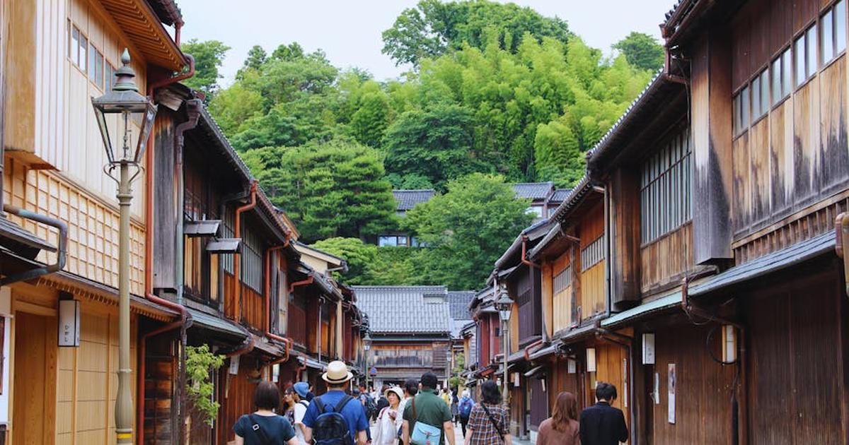 Explore the charming historic streets of Kanazawa, Japan, with traditional wooden houses.