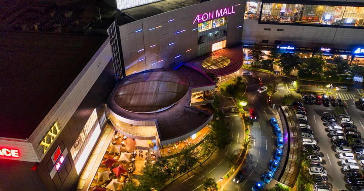 Illuminated aerial view of Aeon Mall in Banten, Indonesia, featuring a bustling parking lot at night.