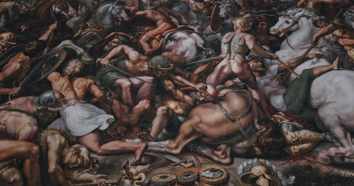 Intricate Renaissance mural depicting a dramatic battle scene, located in Vatican City.