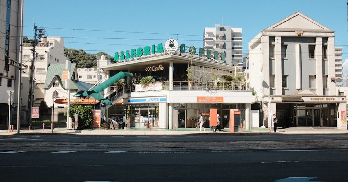 Bright urban scene featuring a coffee shop and surrounding buildings on a clear day.