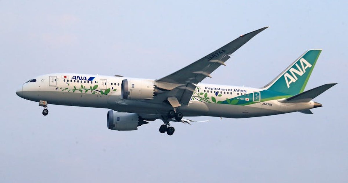 ANA aircraft featuring eco-friendly design in flight, side view.