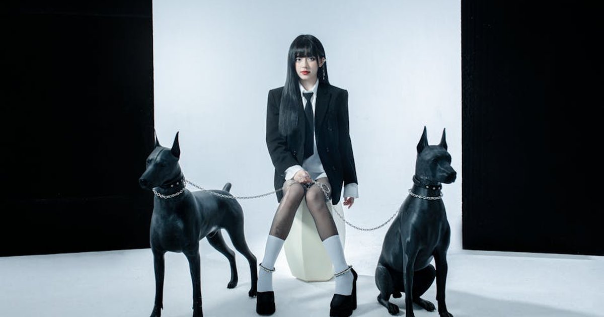Stylish woman in a black suit sits between two Dobermans, exuding elegance and fashion in a studio setting.