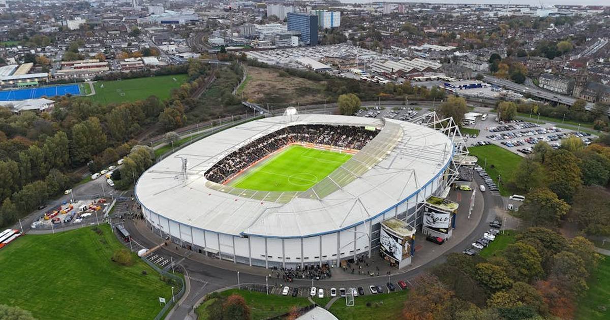 Aerial image of KCOM Stadium, Hull, showing a bustling crowd and a vibrant cityscape.