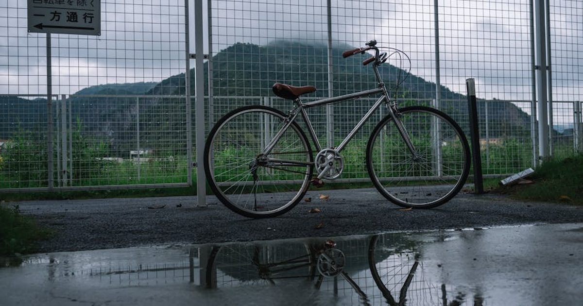 A bicycle parked in front of a metal fence, reflected in a puddle on a cloudy day.