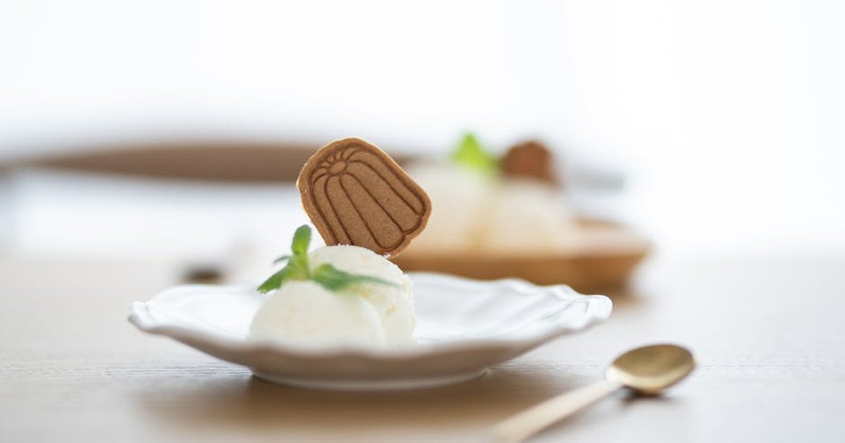 Close-up of vanilla ice cream with cookie garnish on an elegant plate, perfect for dessert inspiration.