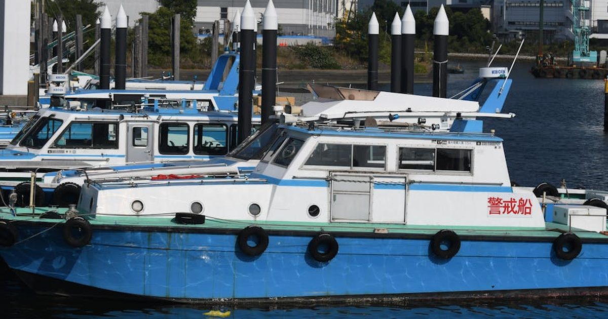 Blue and white patrol boats docked at an urban harbor on a sunny day.