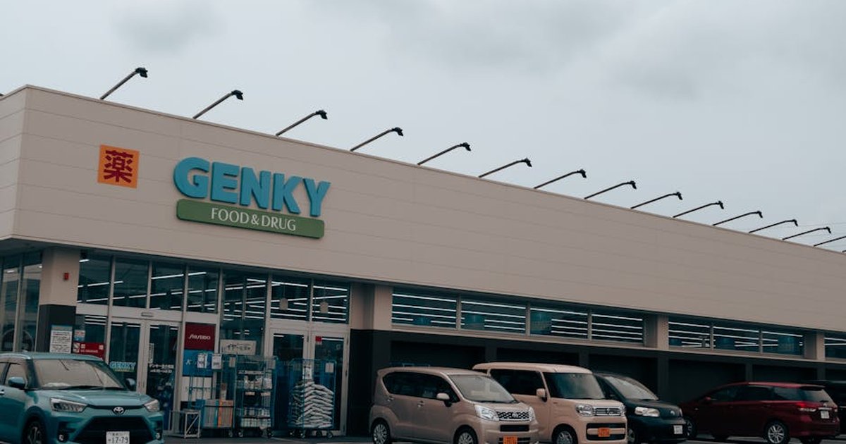 Exterior view of Genky Food & Drug store with parked cars, showcasing urban retail.