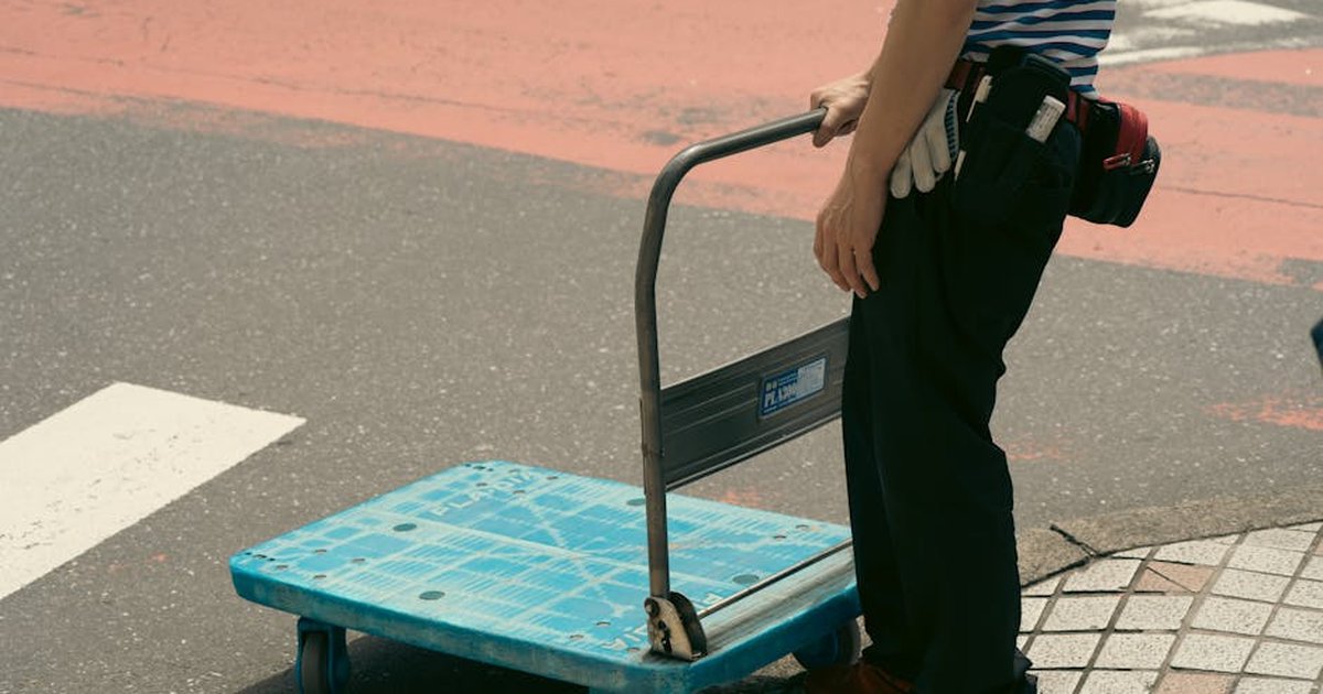 Man with blue cart standing on Tokyo street crosswalk, captured during daylight.
