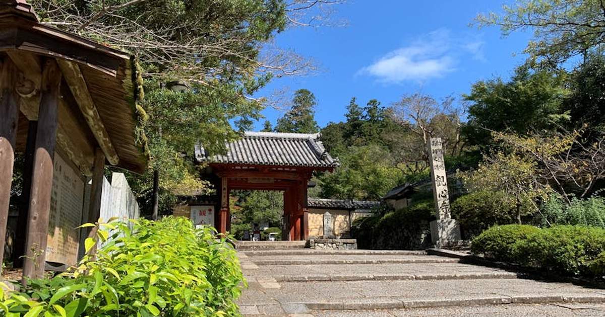 Scenic view of a traditional Japanese temple entrance surrounded by lush greenery and a clear blue sky.