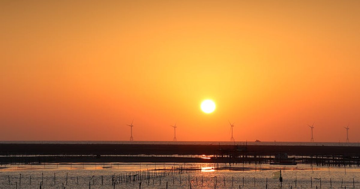 A beautiful ocean sunset with wind turbines against an orange sky.