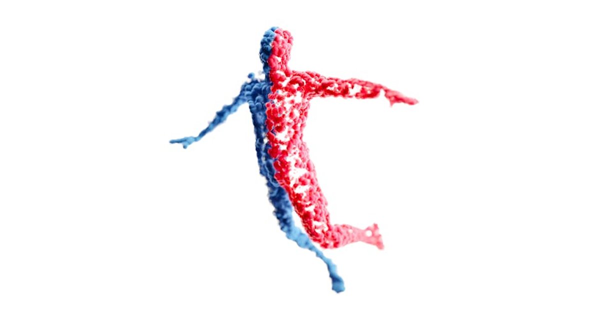 Abstract 3D figure composed of red and blue elements, symbolizing balance and unity.