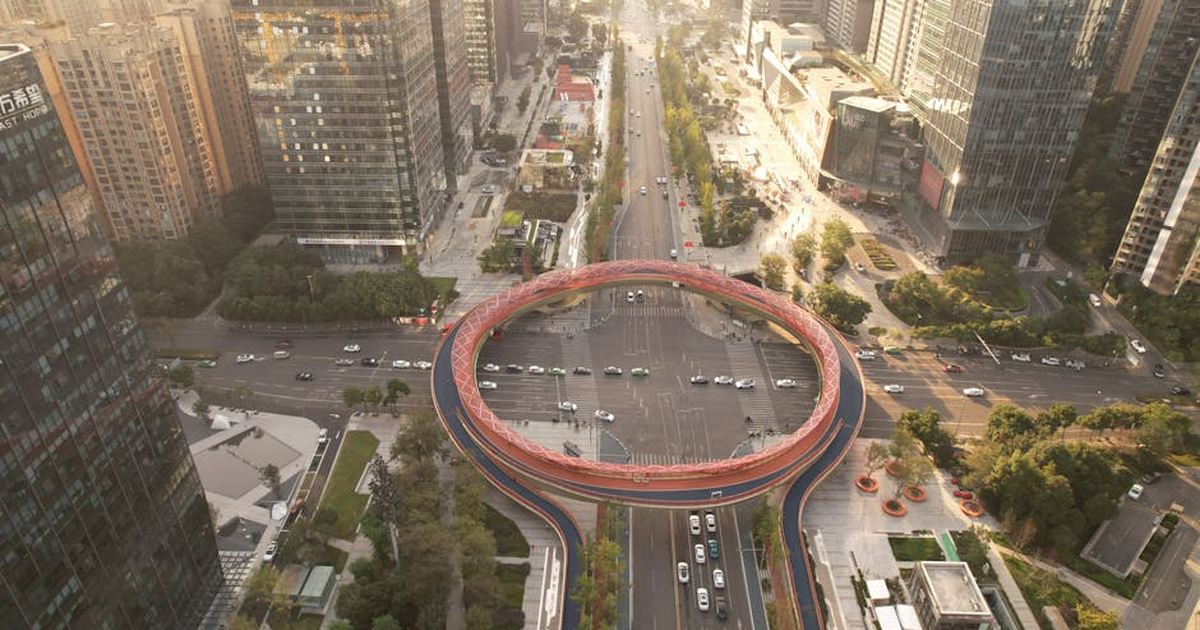 Aerial view of Jiaozi Ring at Chengdu's bustling downtown intersection, China.