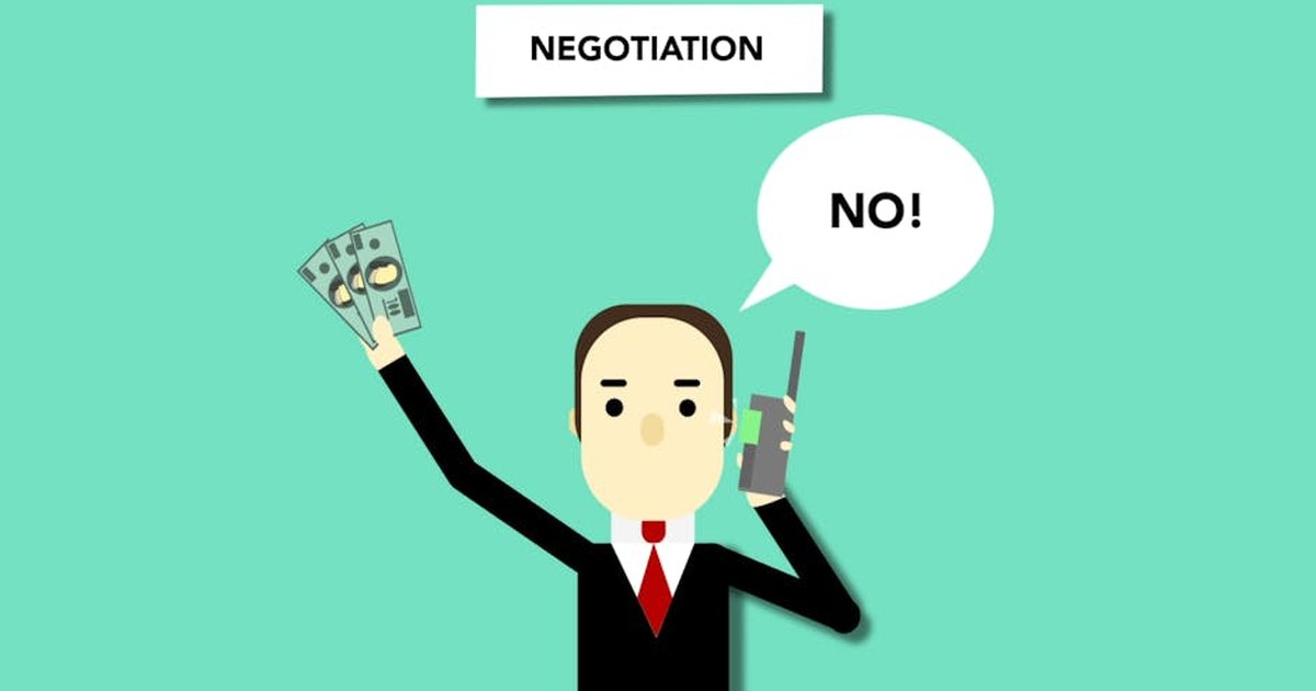 Concept illustration of man with money saying no to offer during business negations on phone