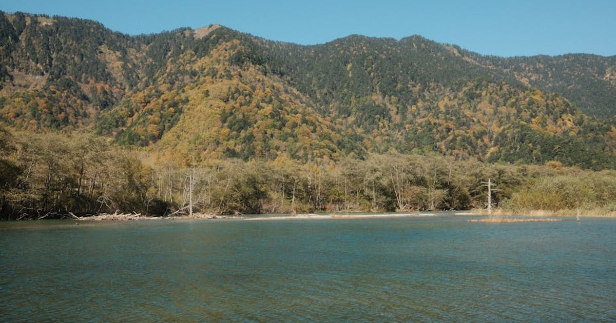 Beautiful autumn landscape of Nagano's mountainous region with vibrant foliage and clear water.
