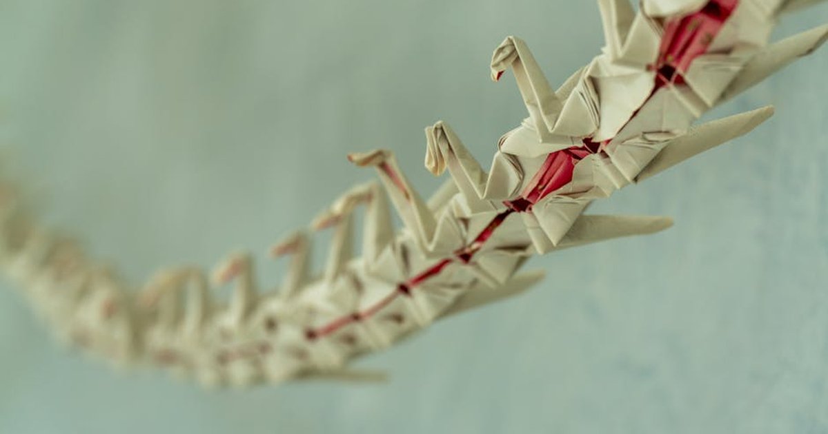 A string of intricately folded origami cranes on display indoors.