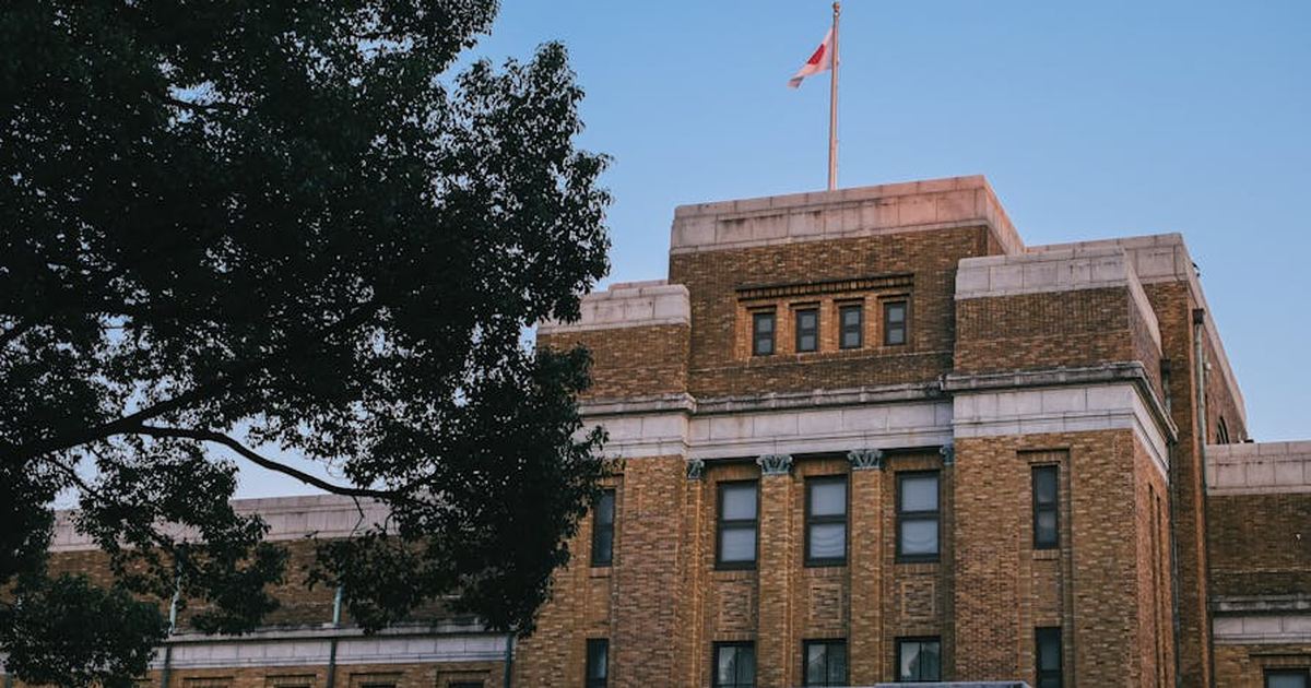 Historic brick building with Canadian flag, tree in foreground. Captured during daylight.