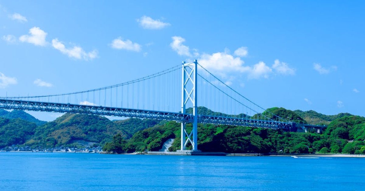 Scenic view of a suspension bridge spanning the Seto Inland Sea in bright daylight.