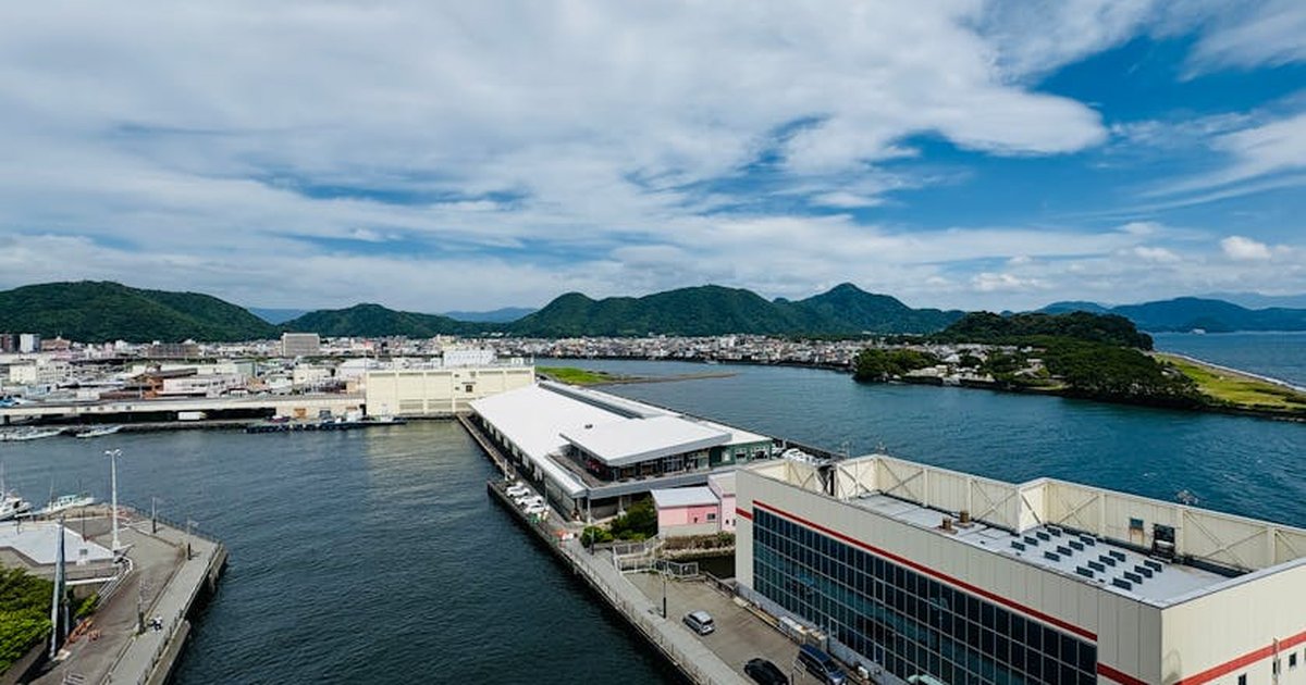 Aerial view of Shimizu Port's waterfront buildings and distant mountains under a cloudy sky.
