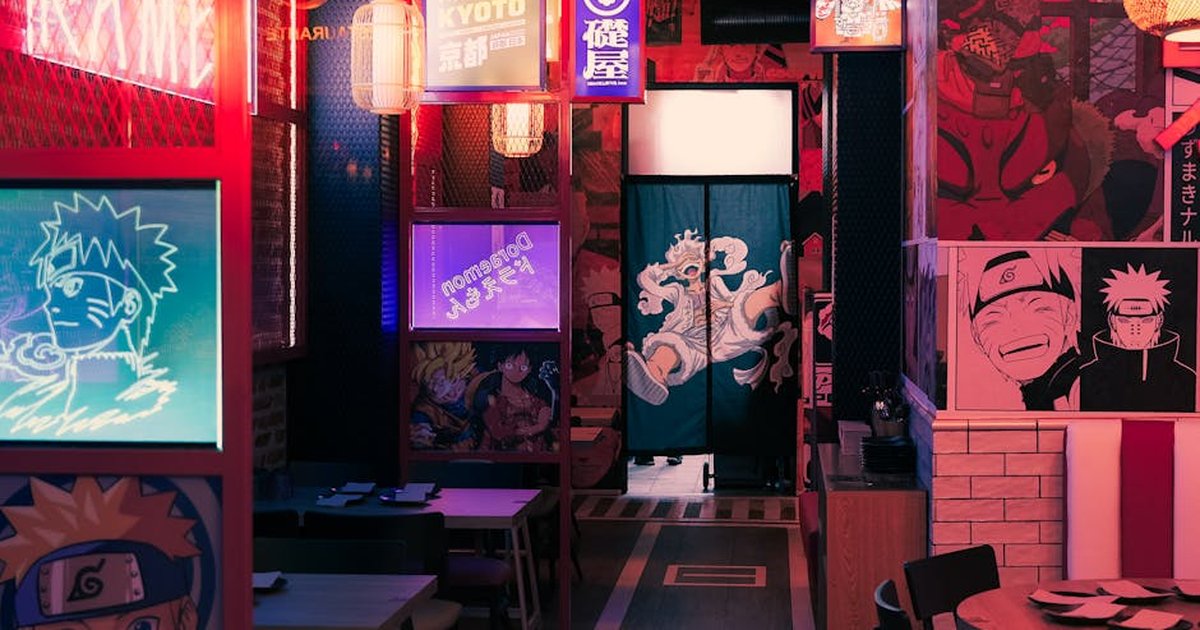 A vibrant anime-themed restaurant with neon lights and Japanese decor in Tokyo.
