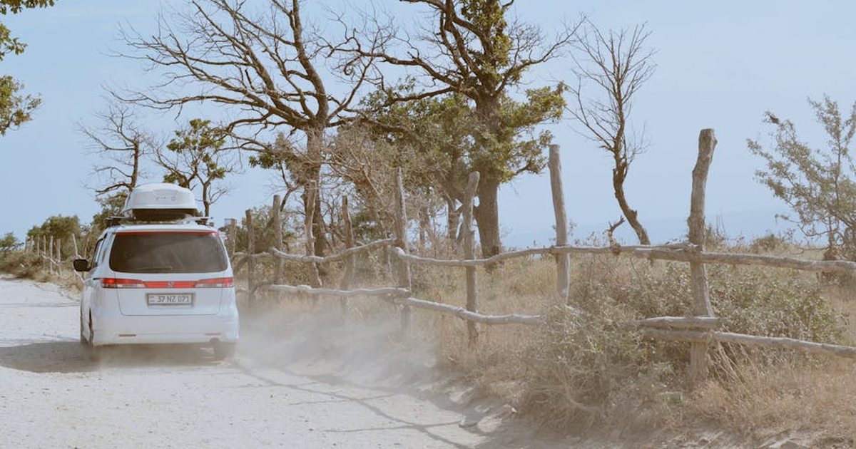 White SUV driving along a dusty dirt road surrounded by trees on a sunny day; perfect for travel enthusiasts.