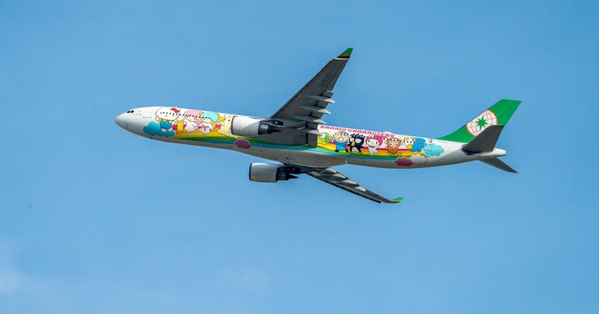 Airplane showcasing a vibrant cartoon livery against a clear blue sky, depicting a cheerful theme.
