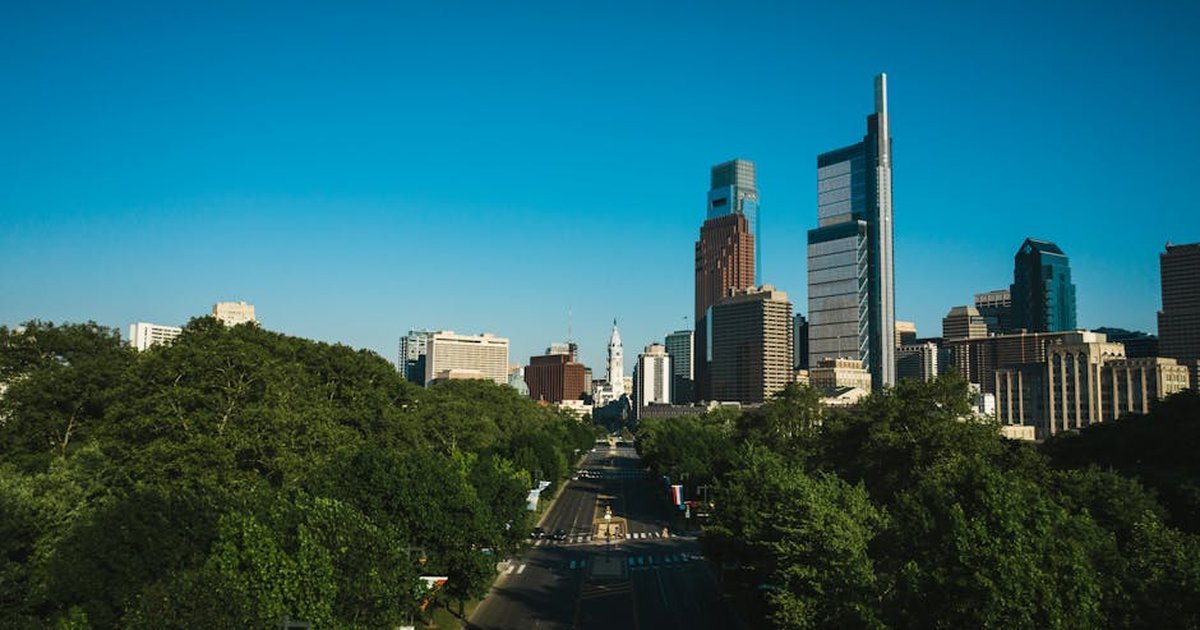 Road between green trees in park near high building facades in modern town under blue sky
